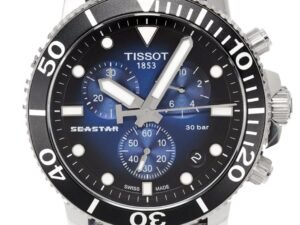 ساعه من tissot تعمل بعدادات بلون اسود & ازرق وسير فضي من المعدن
