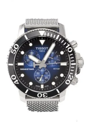 ساعه من tissot تعمل بعدادات بلون اسود & ازرق وسير فضي من المعدن