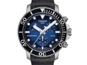 ساعه من tissot تعمل بعدادات بلون اسود وسير اسود من المطاط