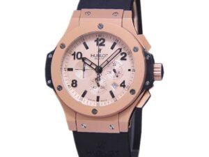 ساعه منHUBLOT تعمل بعدادات بلون دهبي وسير اسود من المطاط