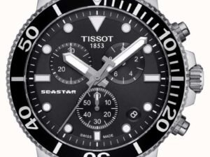 ساعه من tissot تعمل بعدادات بلون اسود وسير فضي من المعدن