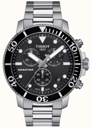 ساعه من tissot تعمل بعدادات بلون اسود وسير فضي من المعدن