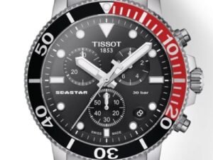ساعه من tissot تعمل بعدادات بلون اسود وسير فضي من المعدن
