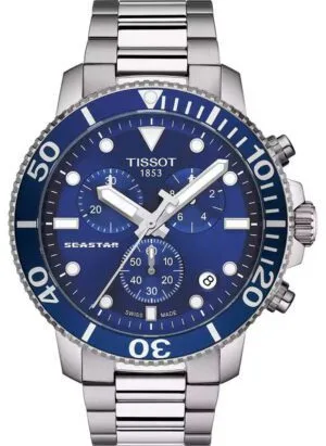 ساعه من tissot تعمل بعدادات بلون ازرق وسير فضي من المعدن