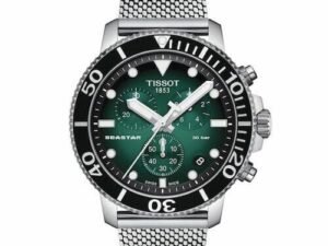 ساعه من tissot تعمل بعدادات بلون اسود  & اخضر وسير فضي من المعدن