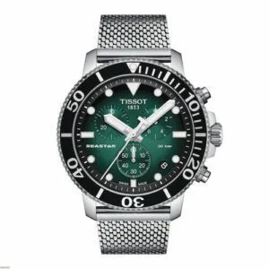 ساعه من tissot تعمل بعدادات بلون اسود  & اخضر وسير فضي من المعدن