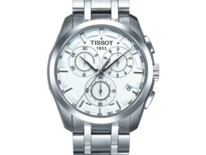 ساعه من tissot تعمل بعدادات بلون ابيض وسير فضى من المعدن