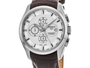 ساعه من tissot تعمل بعدادات بلون ابيض وسير بنى من الجلد