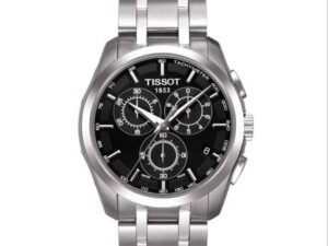 ساعه من tissot تعمل بعدادات بلون اسود وسير فضى من المعدن