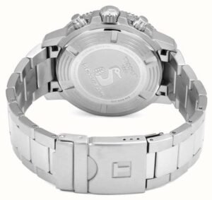 ساعه من tissot تعمل بعدادات بلون اسود وسير فضي من المعدن