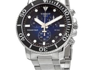 ساعه من tissot تعمل بعدادات بلون اسود&ازرق وسير فضى من المعدن