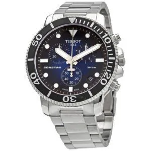 ساعه من tissot تعمل بعدادات بلون اسود&ازرق وسير فضى من المعدن