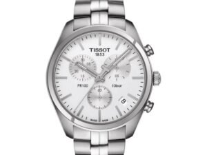 ساعه من tissot تعمل بعدادات بلون ابيض وسير فضى من المعدن
