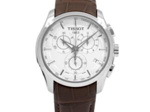 ساعه من tissot تعمل بعدادات بلون ابيض وسير بنى من الجلد
