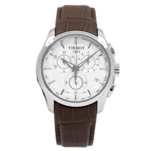 ساعه من tissot تعمل بعدادات بلون ابيض وسير بنى من الجلد