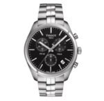 ساعة تيسوت PR 100 Chronograph هاي كوبي 525 بمينا أسود وسوار فضي