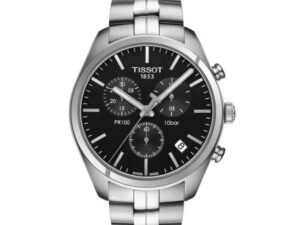 ساعه من tissot تعمل بعدادات بلون اسود وسير فضى من المعدن