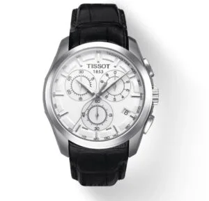 ساعه من tissot تعمل بعدادات بلون اسود وسير اسود من الجلد