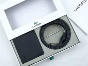 طقم محفظة وحزام لاكوست جلد طبيعي اسود
