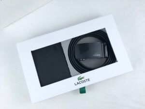 طقم محفظة وحزام لاكوست جلد طبيعي اسود
