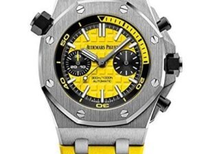 ساعه منِAudemars Piguet تعمل بعدادات بلون اصفر وسير اصفر من المطاط