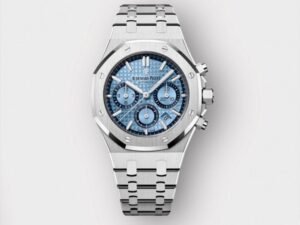 ساعةِAudemars Piguet تعمل بعدادات بلون ازرق وسير فضى من المعدن