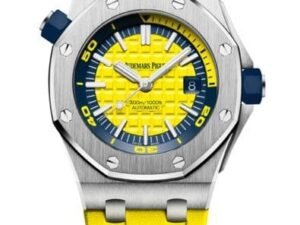 ساعه منِAudemars Piguet تعمل بعدادات بلون اصفر وسير اصفر من المطاط