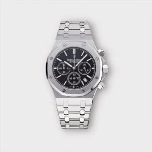 ساعةِAudemars Piguet تعمل بعدادات بلون اسود  وسير فضى من المعدن