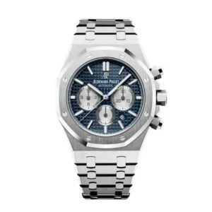 ساعة ِAudemars Piguet تعمل بعدادات بلون ازرق وسير فضى من المعدن