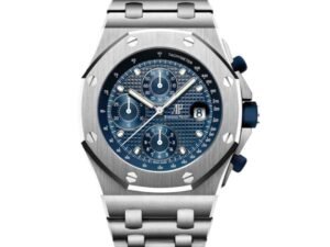 ساعةِAudemars Piguet تعمل بعدادات بلون ازرق وسير فضى من المعدن