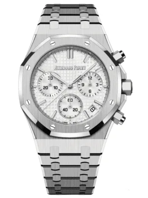 ساعة ِAudemars Piguet تعمل بعدادات بلون ابيض وسير فضي من المعدن