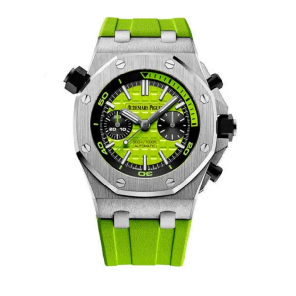 ساعه منِAudemars Piguet تعمل بعدادات بلون اخضر وسير اخضر  من المطاط