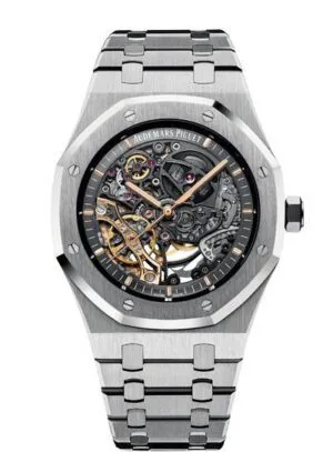 ساعة ِAudemars Piguet تعمل بعدادات بلون اسود وسير فضى من المعدن