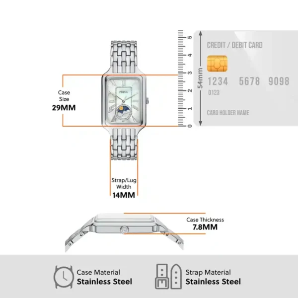 ساعة فوسيل حريمي استيك معدن فضي – مينا فضي لؤلؤية مع مؤشر شمسي قمري