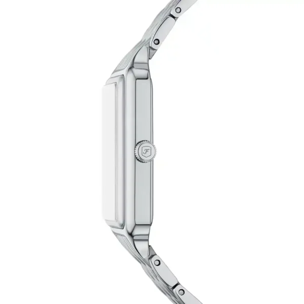 ساعة فوسيل حريمي استيك معدن فضي – مينا فضي لؤلؤية مع مؤشر شمسي قمري