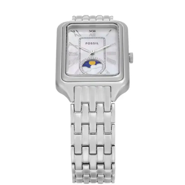 ساعة فوسيل حريمي استيك معدن فضي – مينا فضي لؤلؤية مع مؤشر شمسي قمري