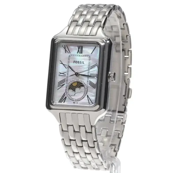 ساعة فوسيل حريمي استيك معدن فضي – مينا فضي لؤلؤية مع مؤشر شمسي قمري