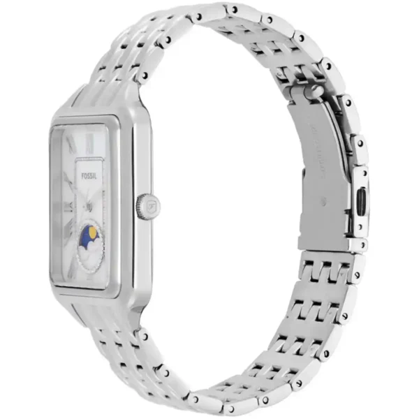 ساعة فوسيل حريمي استيك معدن فضي – مينا فضي لؤلؤية مع مؤشر شمسي قمري