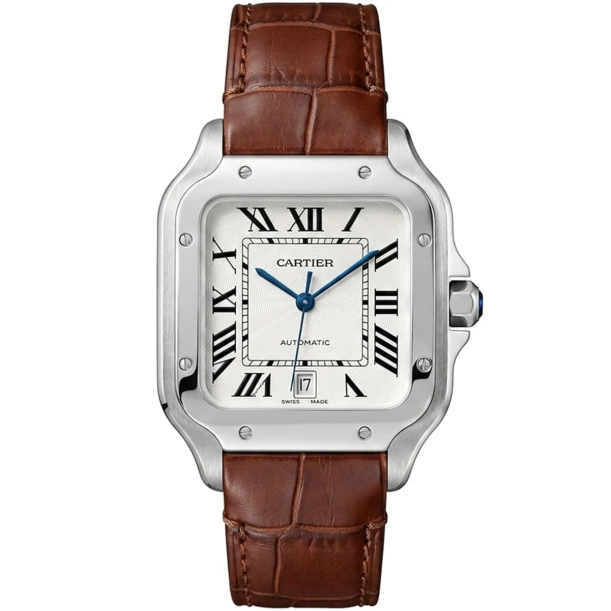 cartier-men-brown-leather-square-white-dial-watch ساعة كارتييه Cartier رجالي بميناء أبيض وسير جلد بني