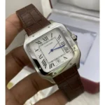 ساعة كارتييه Cartier رجالي بميناء أبيض وسير جلد بني