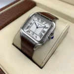 ساعة كارتييه Cartier رجالي بميناء أبيض وسير جلد بني