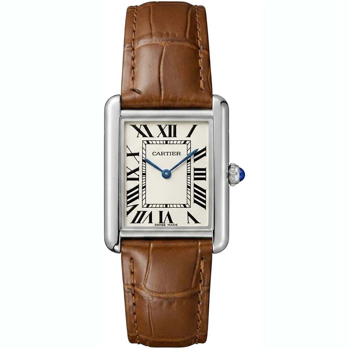 cartier-men-rectangular-brown-leather-cream-dial-watch ساعة كارتييه Cartier رجالي بميناء كريمي وسير بني