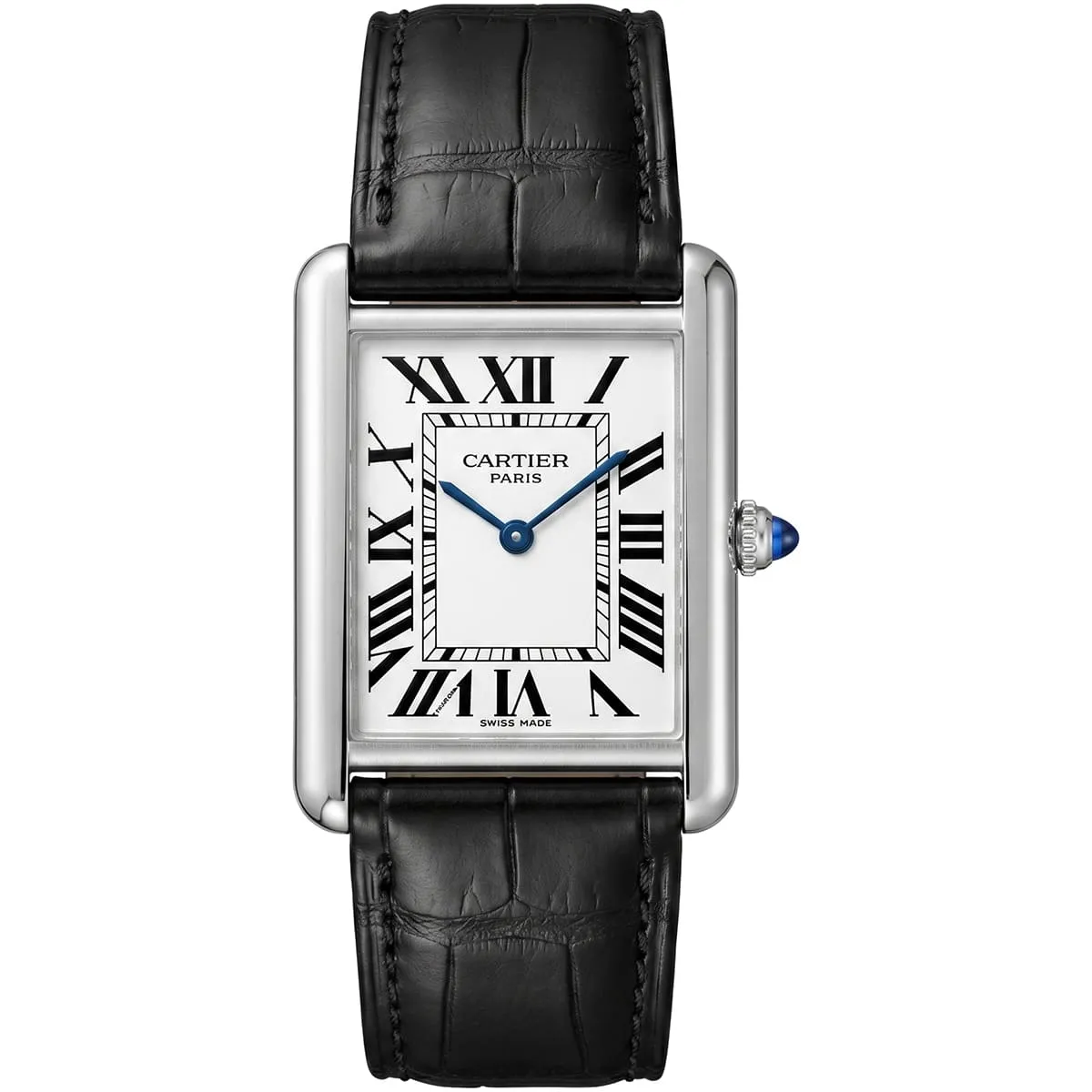 cartier-men-rectangular-silver-black-leather-watch ساعة كارتييه Cartier رجالي مستطيلة بميناء أبيض