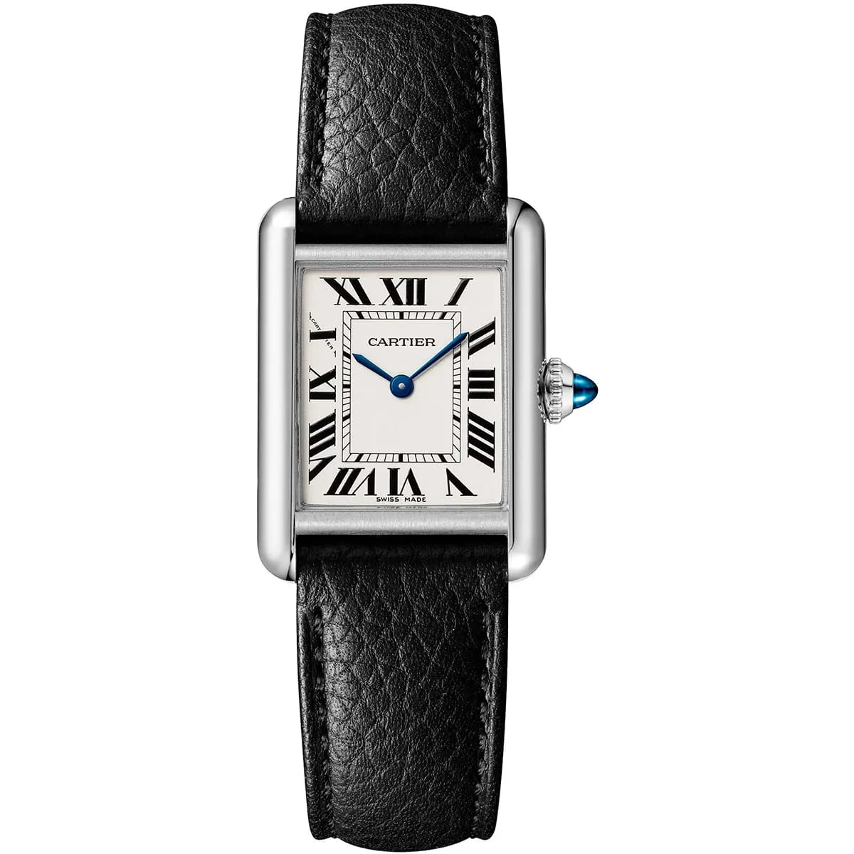 cartier-men-silver-rectangular-black-leather-watch ساعة كارتييه Cartier رجالي مستطيلة بسير جلد أسود