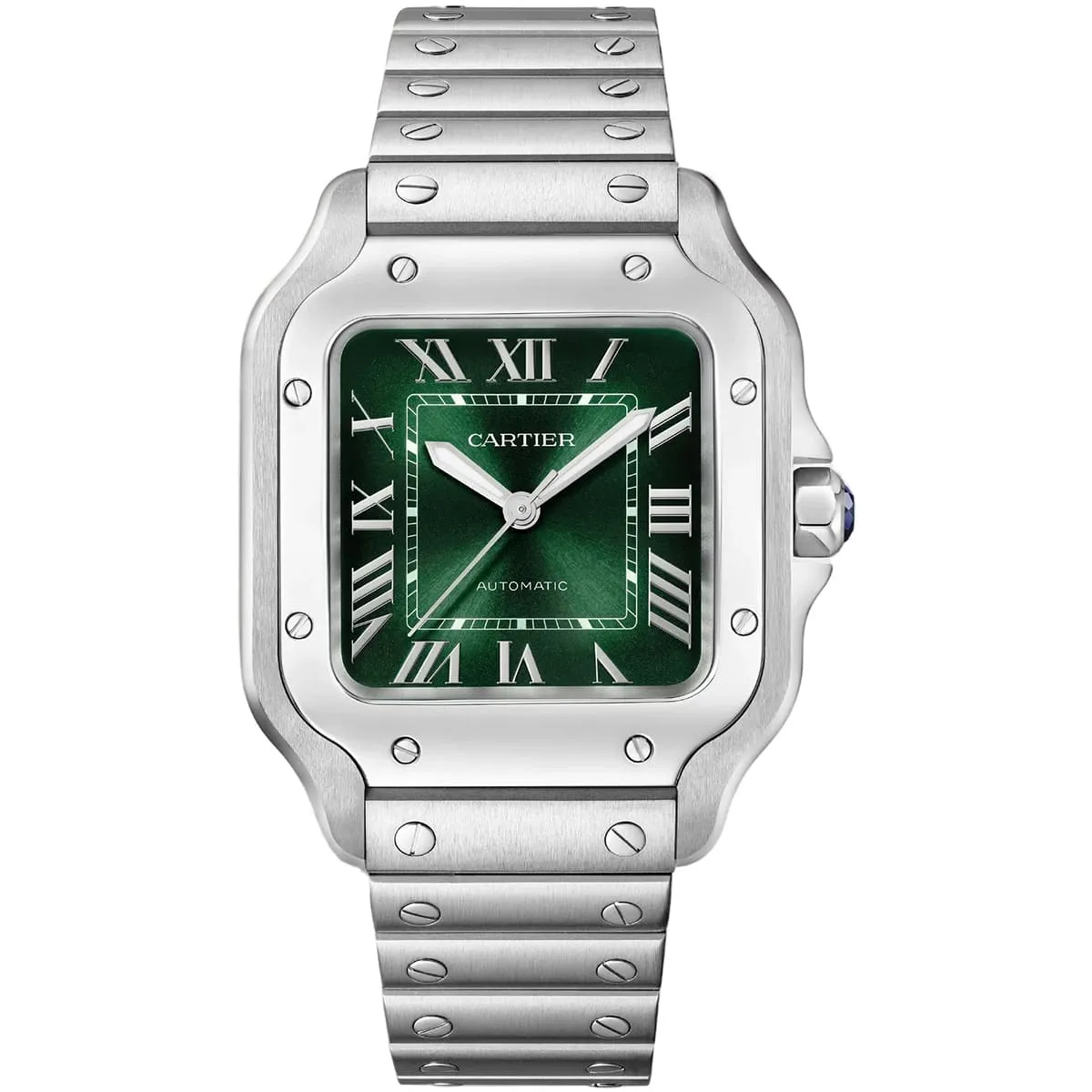 cartier-men-square-green-dial-silver-metal-watch ساعة كارتييه Cartier رجالي بميناء أخضر وشكل مربع