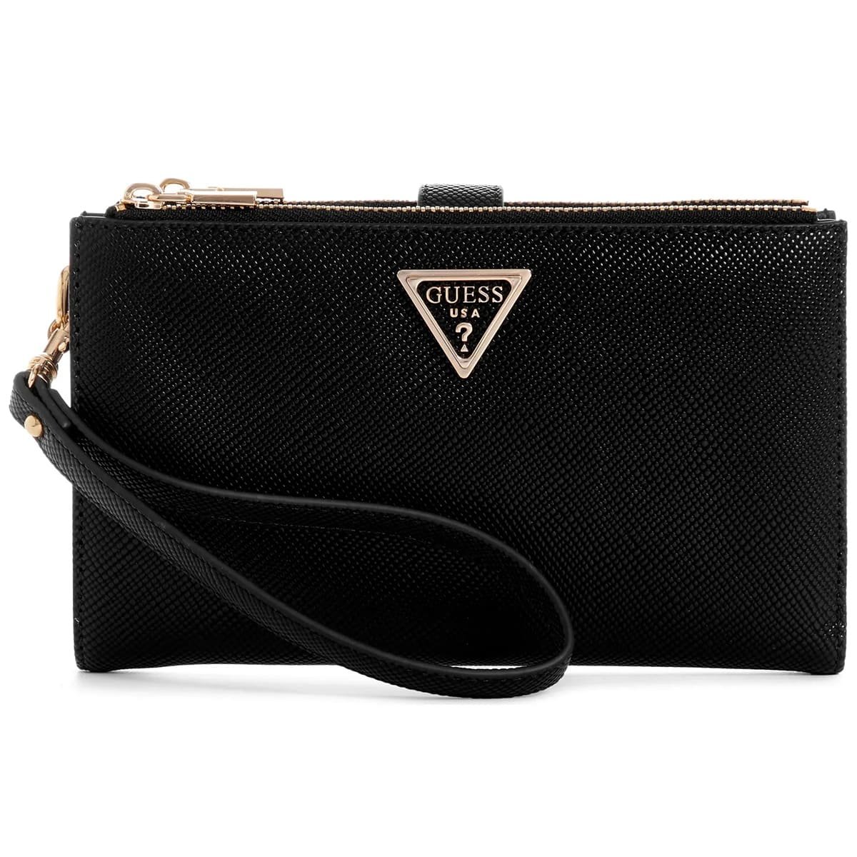 guess-black-saffiano-leather-women-wristlet-wallet-organizer-gold-logo محفظة جيس نسائية جلد سافيانو أسود منظمة مع معصم وشعار ذهبي راقٍ