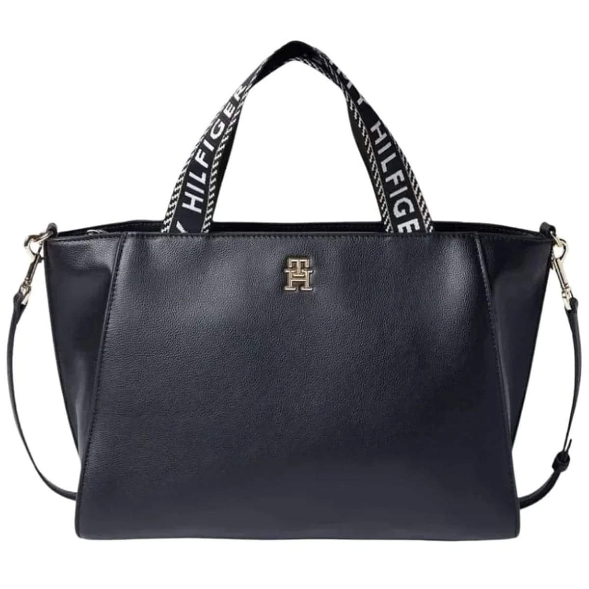 tommy-hilfiger-black-leather-women-tote-bag-webbing-handles-gold-logo حقيبة توت نسائية تومي هيلفيغر جلد أسود بمقابض ويب وشعار الماركة