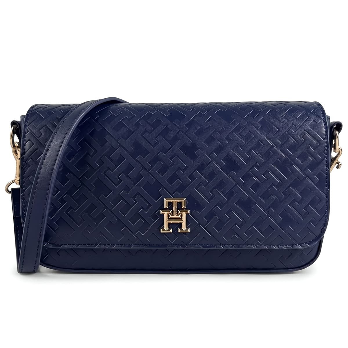 tommy-hilfiger-navy-blue-monogram-embossed-women-crossbody-bag-gold-logo حقيبة تومي هيلفيغر كروس بودي نسائية كحلي بنقشة مونوغرام بارزة وإكسسوار ذهبي